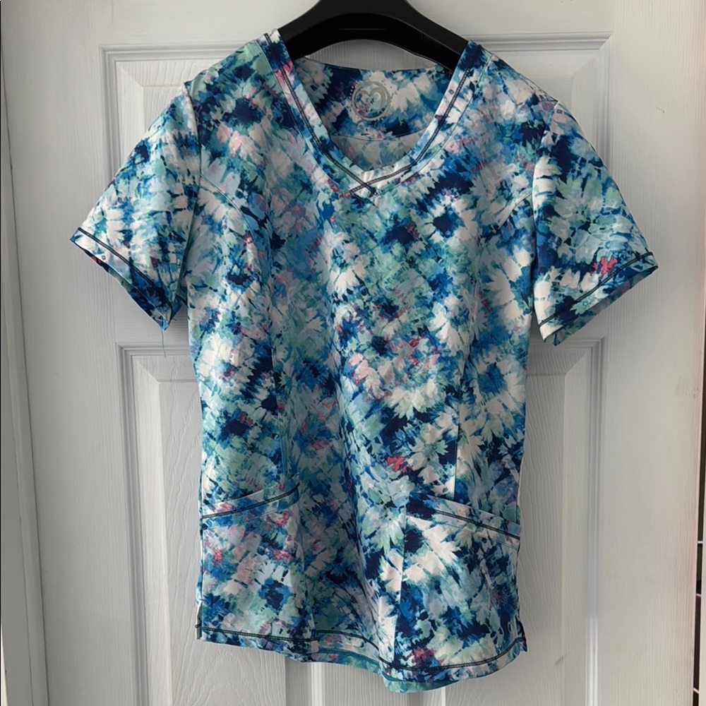 Blue and White Patterned Scrub Top